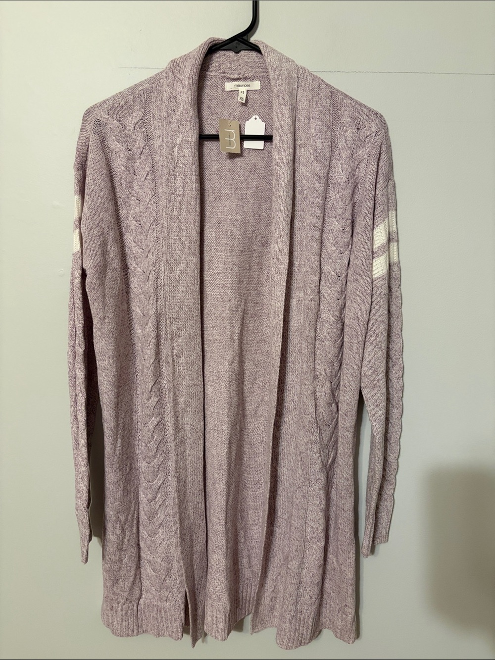 Maurices Lavender Open-Front Cable Cardigan with White Stripe Sleeves. XS. NWT.